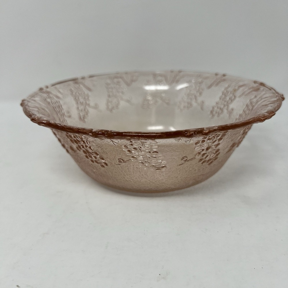 Pink Glass Bowl Grapes and Vine Rim Design 7" Diameter 2 1/2" Deep